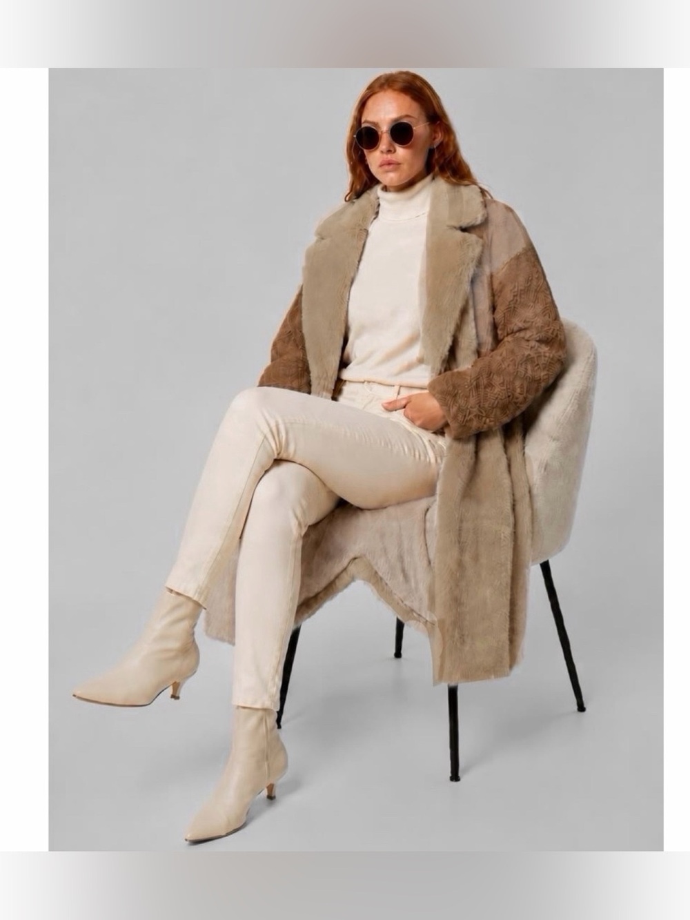 NWT NINE WEST Reversible Faux Fur Colorblock Midi Teddy Coat in Nude